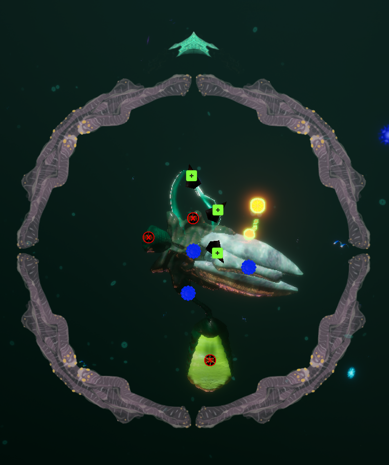 A creature in the Molec editor, surrounded by part controls