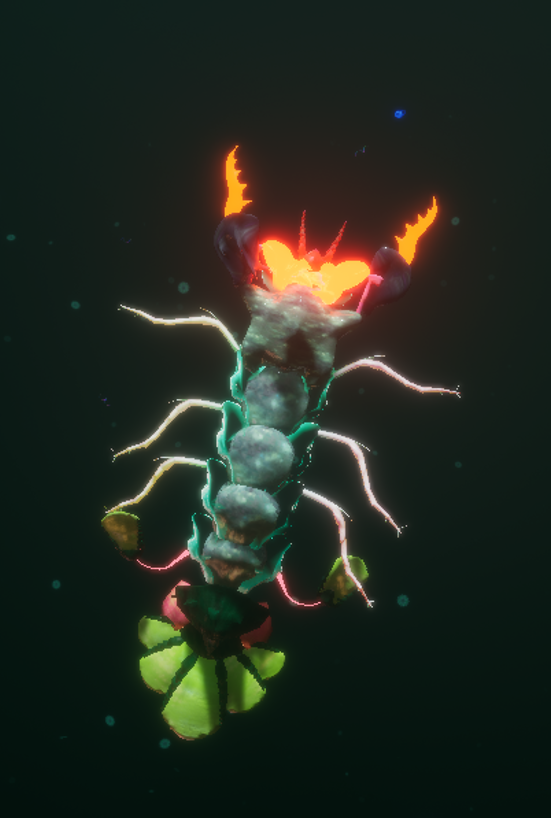 A large segmented creature with glowing orange claws